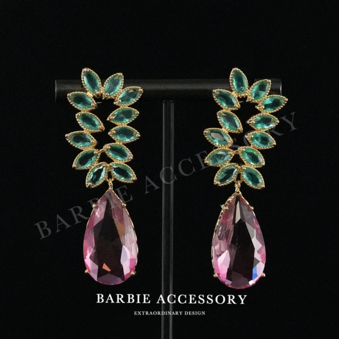铜合金合成锆石耳饰 【粉绿叶滴】复古法式设计款高级绝美百搭耳环