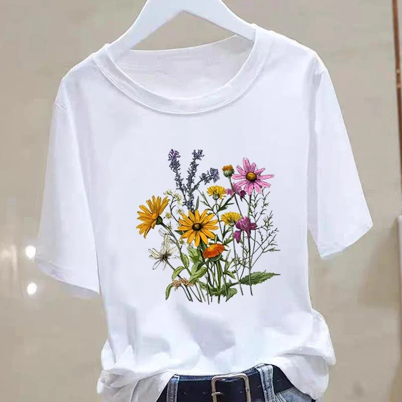 韩版可爱花卉打底衫圆领休闲印花网红女夏季通勤洋气ins短袖T恤