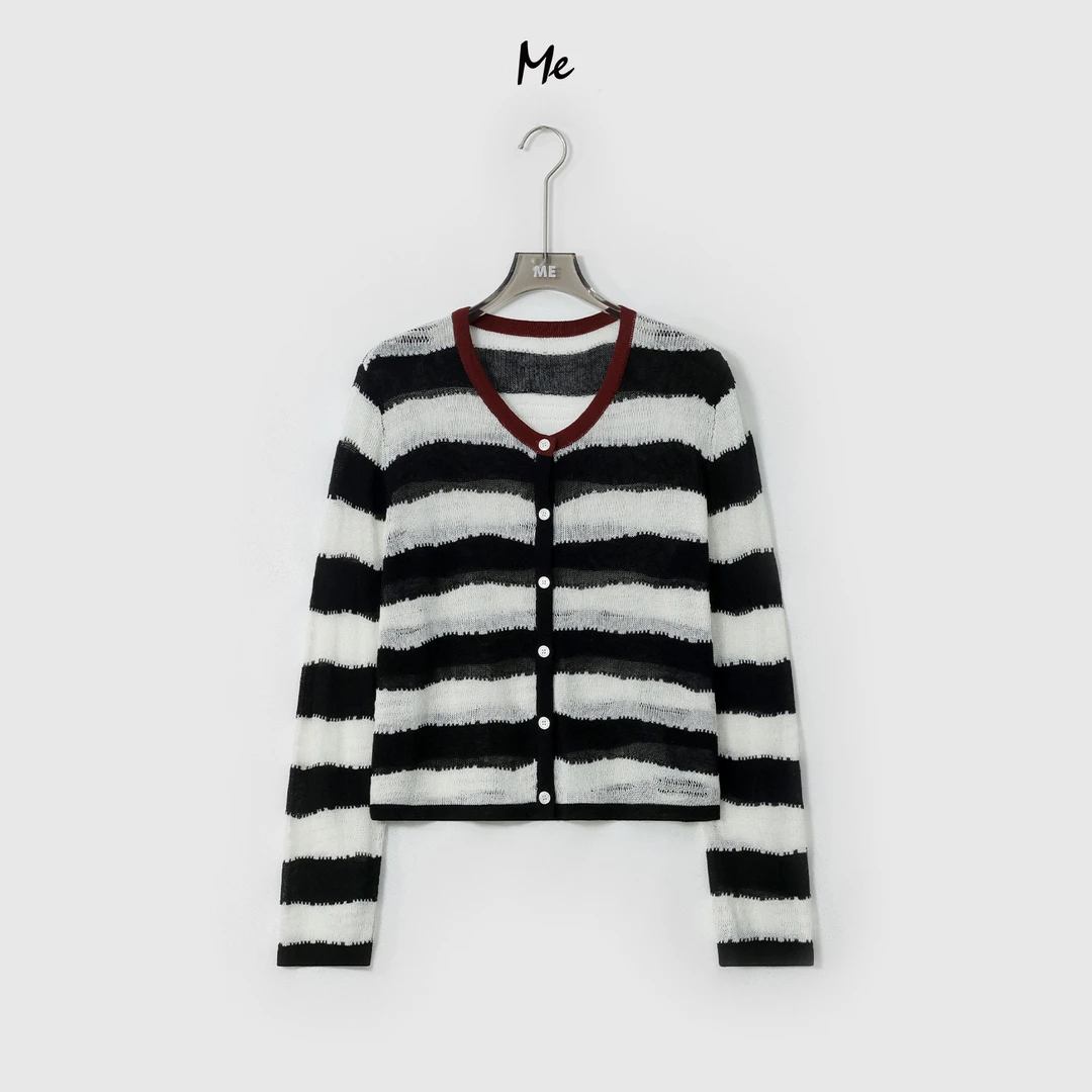 ME【油画条纹开衫】天丝亚麻混纺水墨条纹显瘦时尚百搭毛衣MESA0548