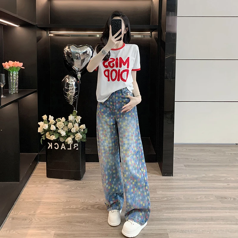 美式夏季新款宽松休闲中长款上衣棉t恤复古牛仔裤辣妹直筒裤薄款