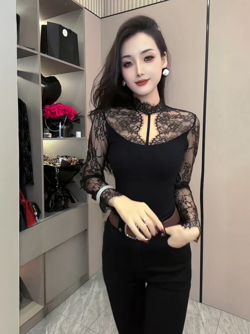 德绒黑色蕾丝ins风原创独特别致磨毛上衣V领t恤早初春秋掐腰长袖