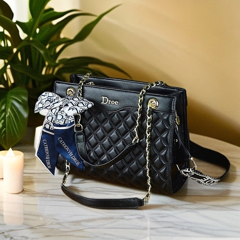 新款轻奢真皮高级牛皮小香风菱格单肩腋下包女大容量托特包斜挎包