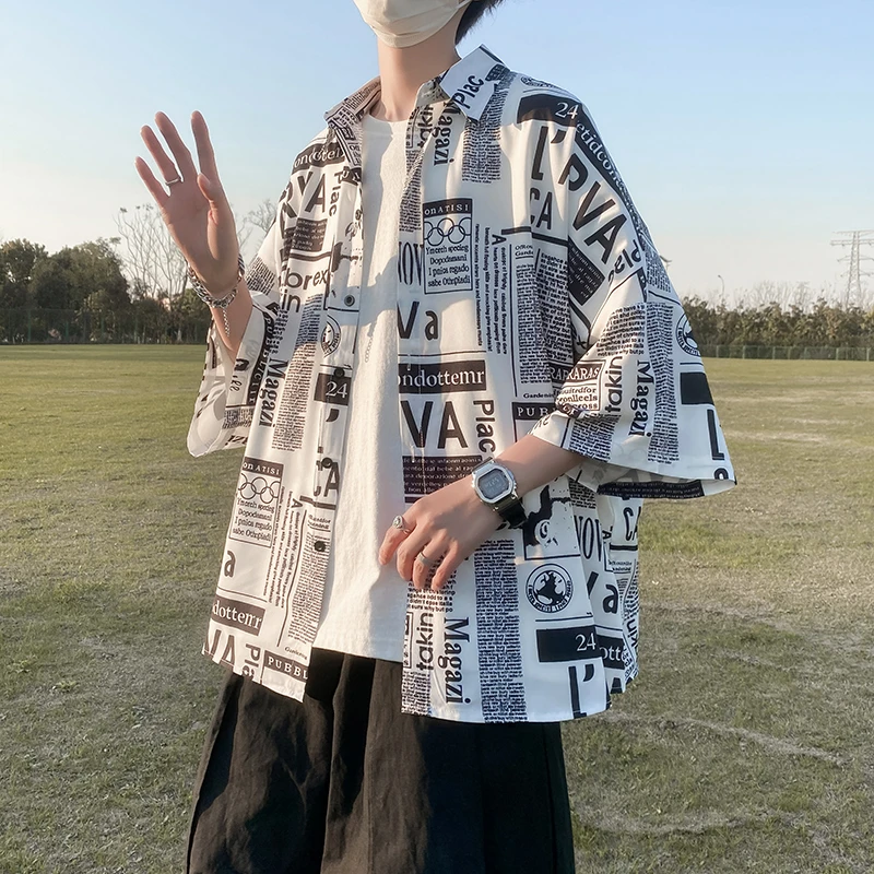 涂鸦印花衬衫男短袖夏季痞帅学生衣服宽松潮牌休闲冰丝大码衬衣潮