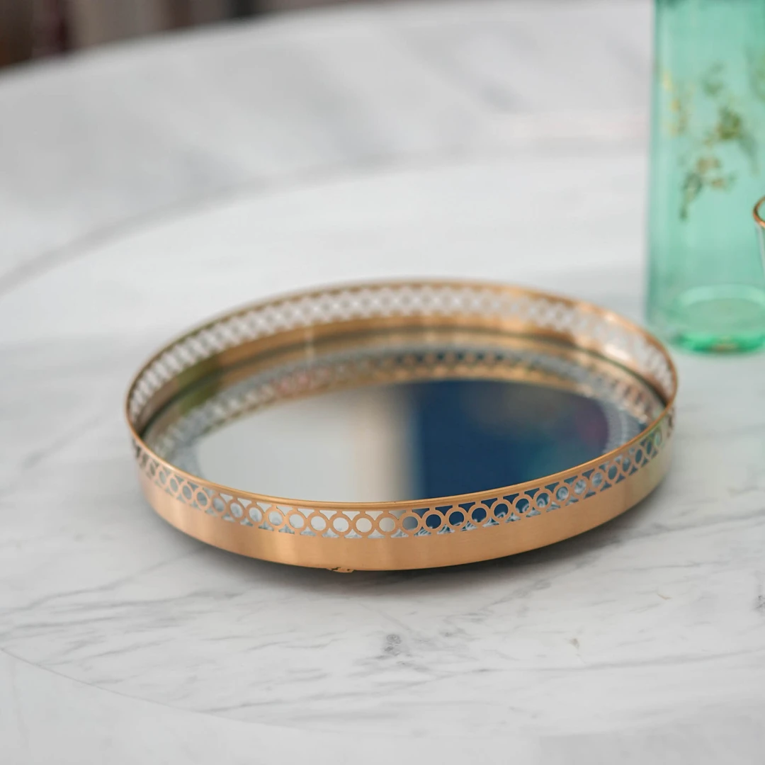 黄铜旋转麦穗纹镂空镜面托盘 客厅厨房收纳盘桌面摆件