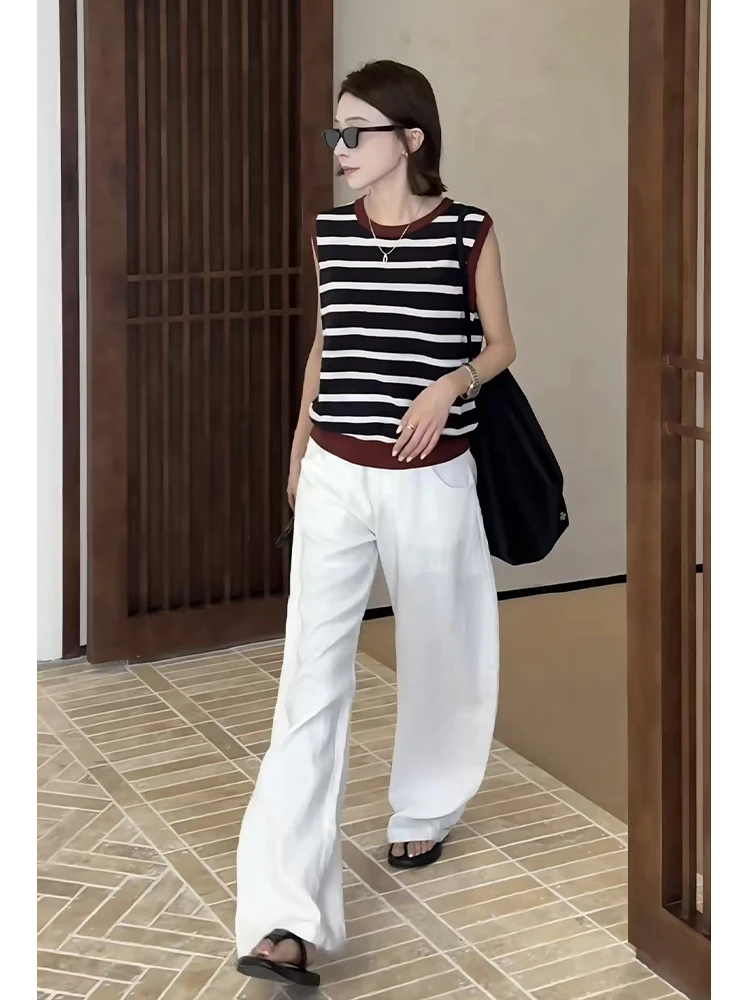 2025夏季新款装韩系复古撞色条纹内搭背心时尚休闲阔腿裤两件套女
