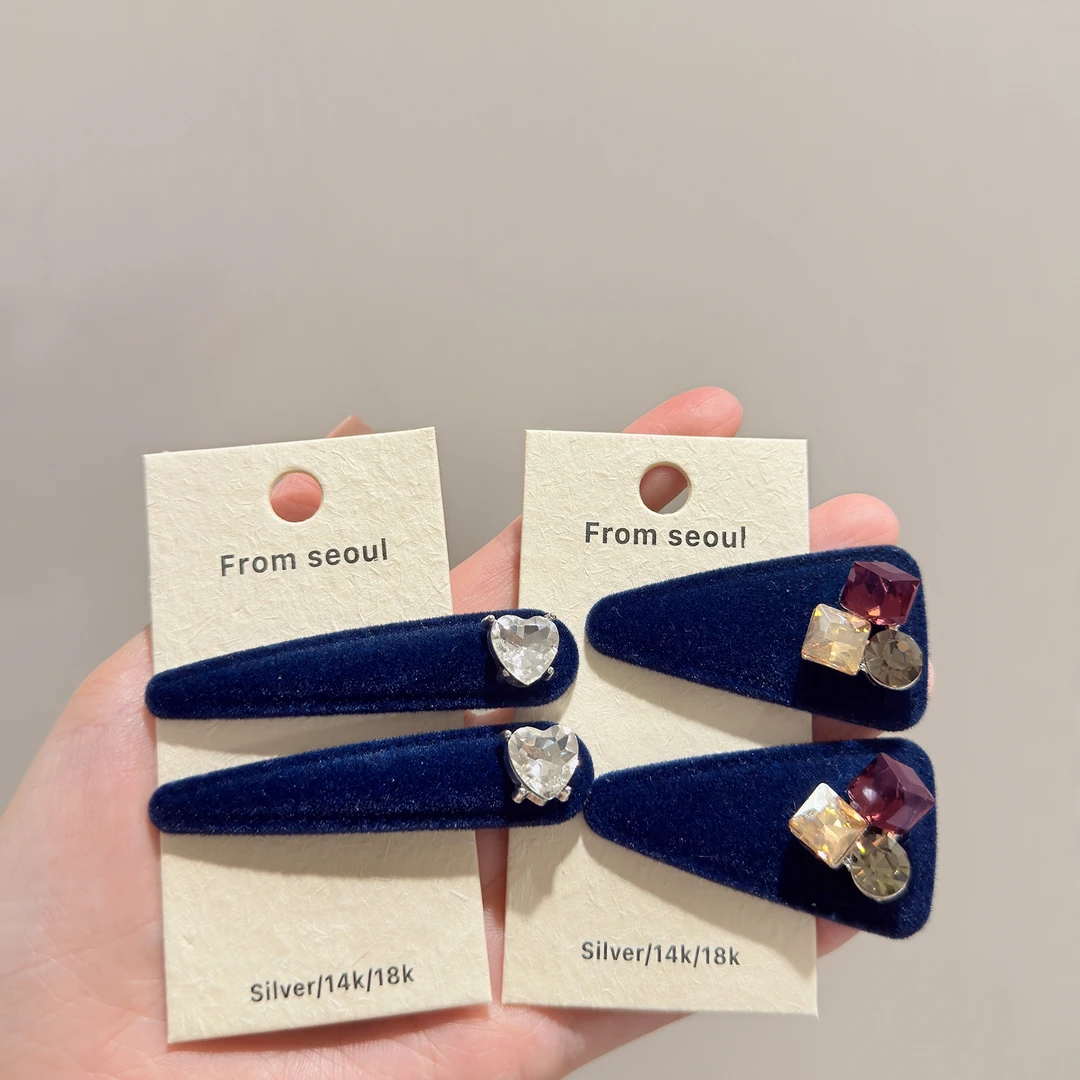 韩式气质蓝丝绒爱心闪钻发夹时尚百搭氛围感侧边刘海碎发夹子发饰