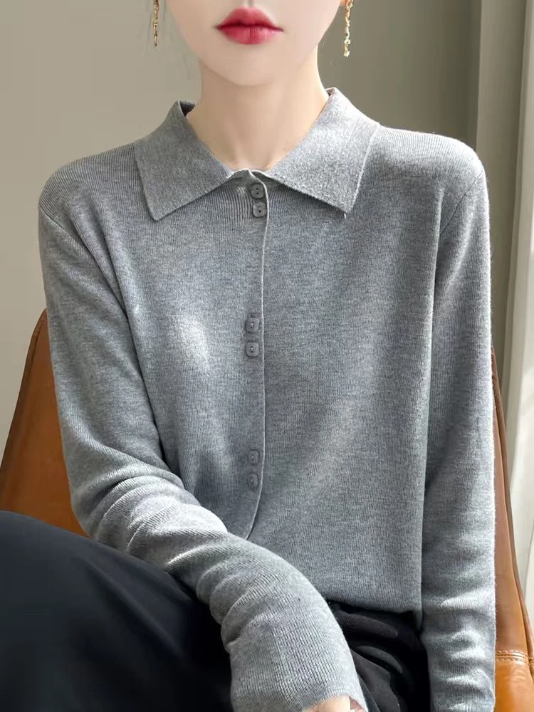 秋冬新羊毛开衫女衬衫领针织衫外套单排扣宽松翻领外搭上衣