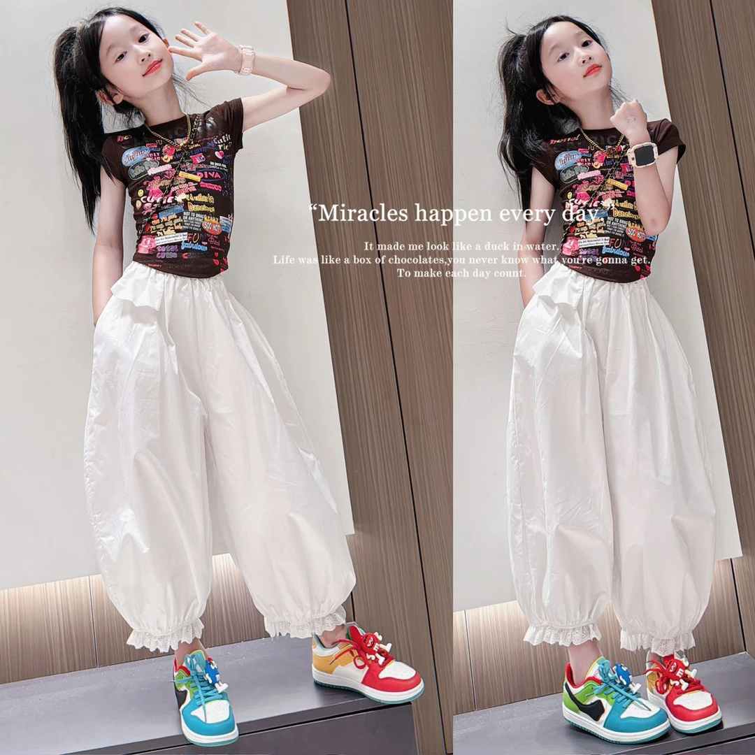 卡通印花短袖正肩T恤女童夏季新款修身收腰短款圆领上衣休闲裤