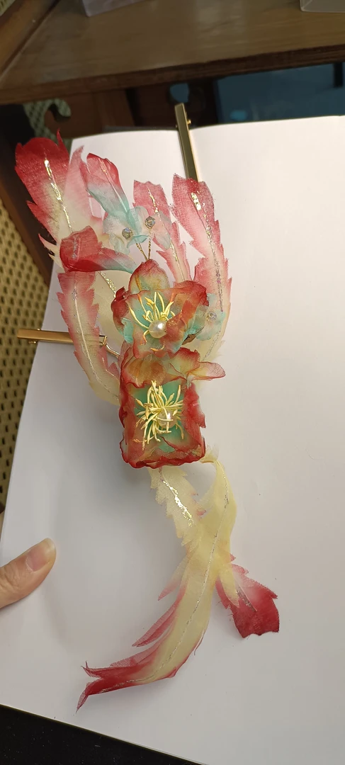 【直播++】T-103-1 耀如春华 凤穿牡丹红色 原创古风真丝烫花头饰