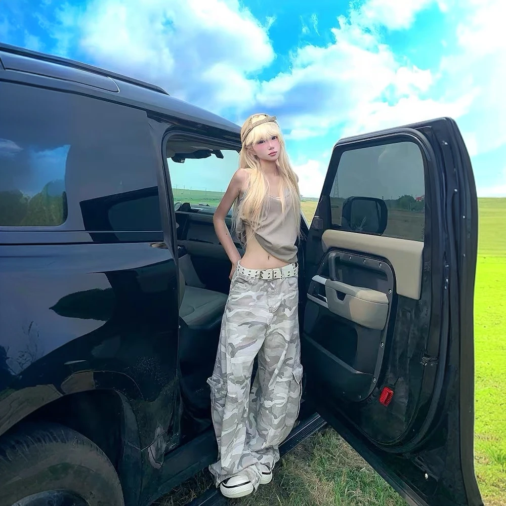 美式街头水洗多口袋阔脚宽松cleanfit灰迷彩直筒弯刀工装裤男女裤