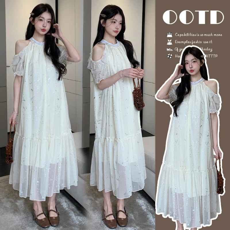 孕妇裙子露肩宽松短袖连衣裙2025年夏季薄款垂坠感杏色简约A字裙