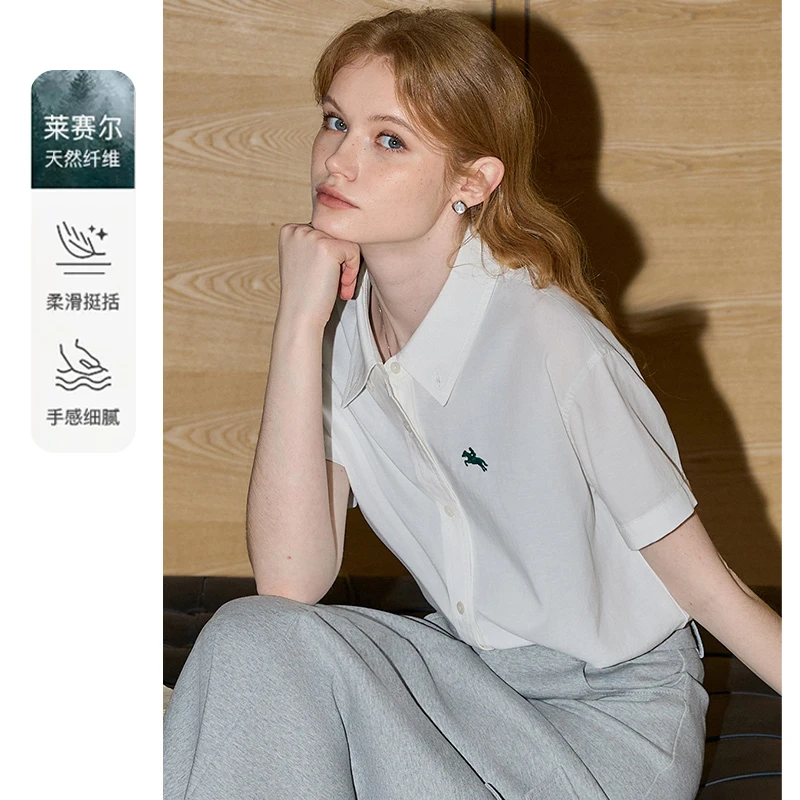 库恩玛维纯色翻领短袖衬衫女装2025夏季新款少年感上衣学院风小衫