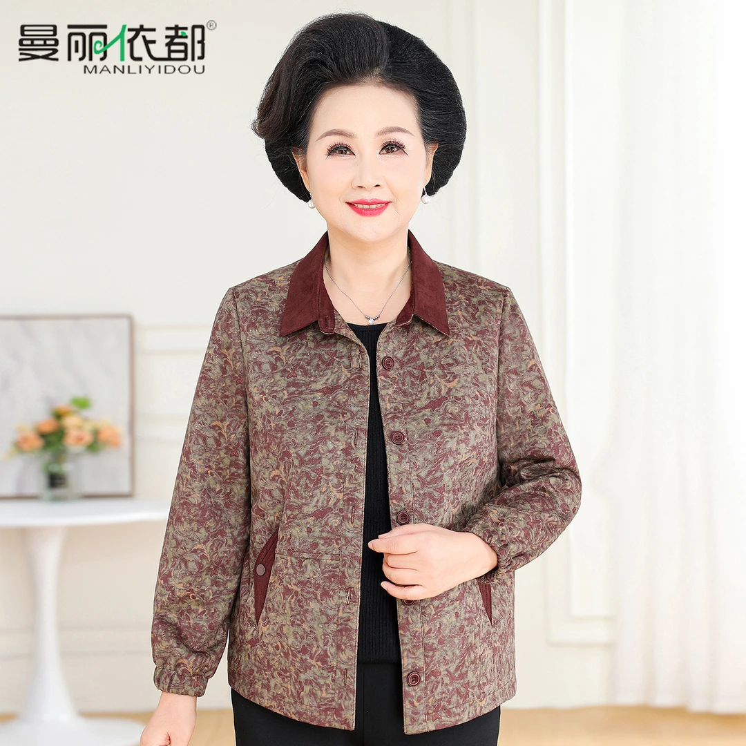 妈妈春秋外套女中老年休闲印花夹克衫奶奶上衣宽松长袖老人衣服