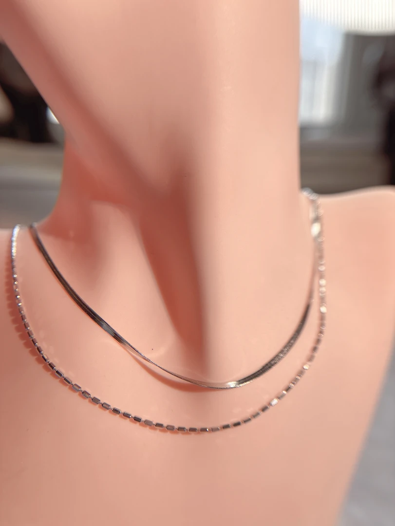 链子925银 银925纯银项链双链刀片链蛇骨链竹节两条个性时尚叠戴