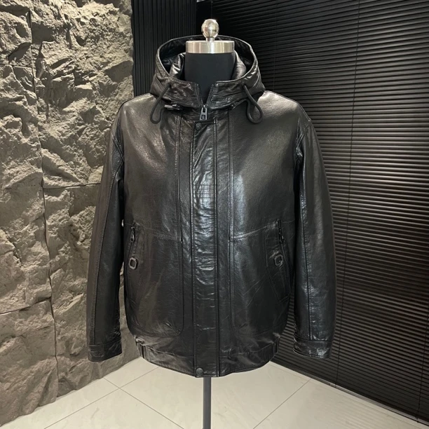 ZMY-PS轻奢牛皮油蜡落肩羽绒服连帽夹克