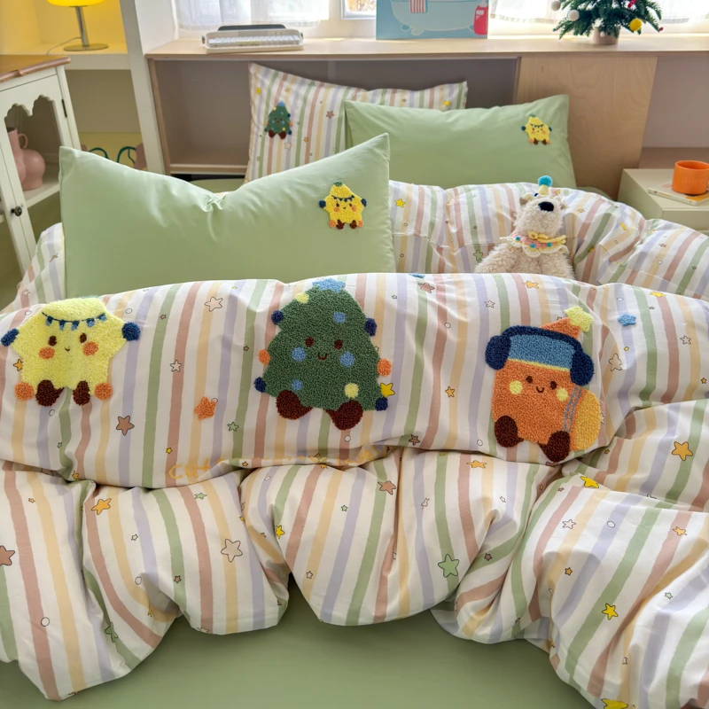 A类彩色星星毛巾绣家用床上四件套纯棉100%全棉被套床单四季通用