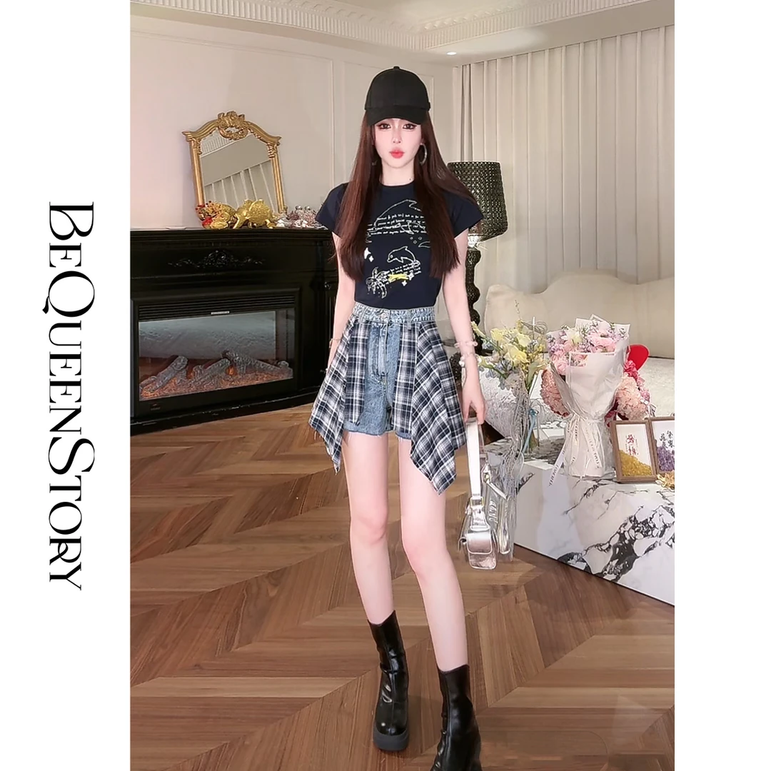 BeQueenStory【美式街区】时尚百搭拼接格纹牛仔短裤气质显瘦夏季