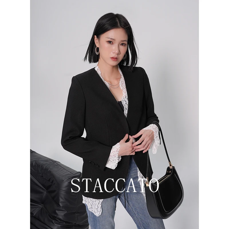 STACCATO春季醋酸宽松叠穿设计感极简风V领搭扣西装显瘦慵懒气质