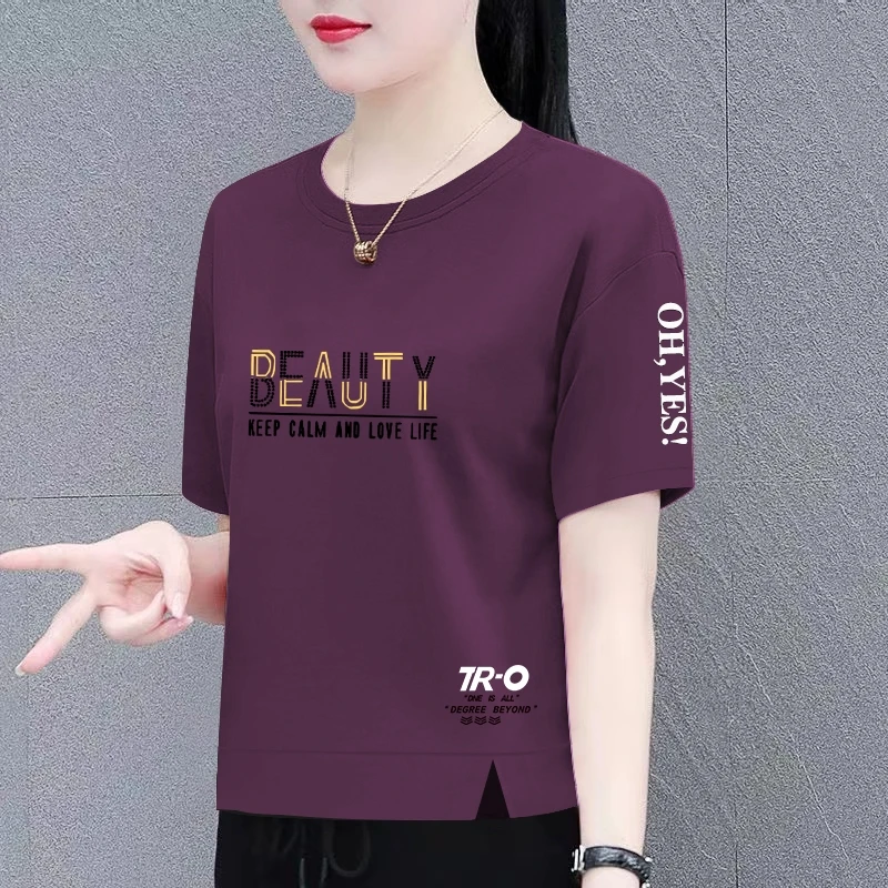 夏季新款别致开衩设计100%纯棉短袖T恤女士宽松显瘦百搭休闲上衣