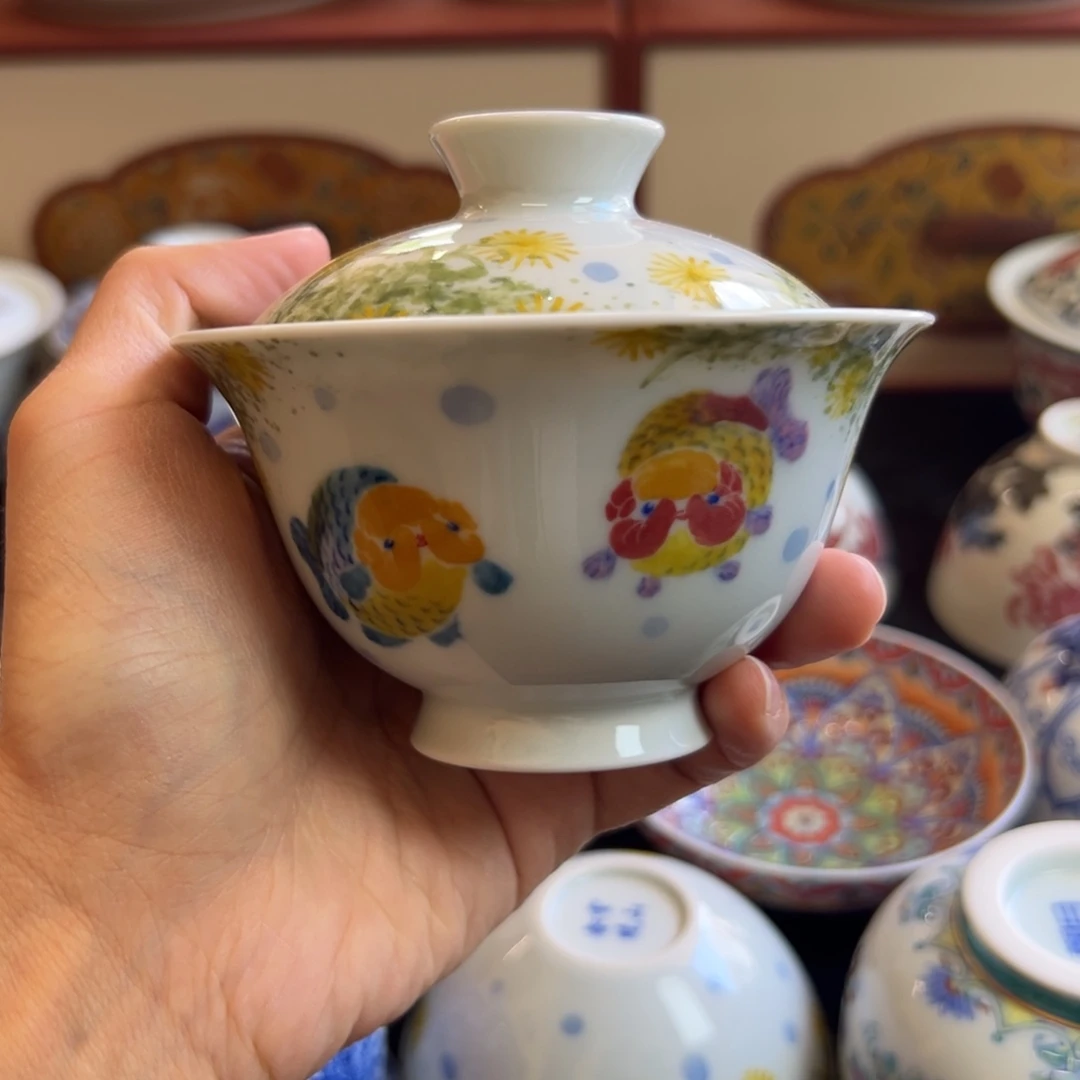 釉下五彩兰寿鱼盖碗