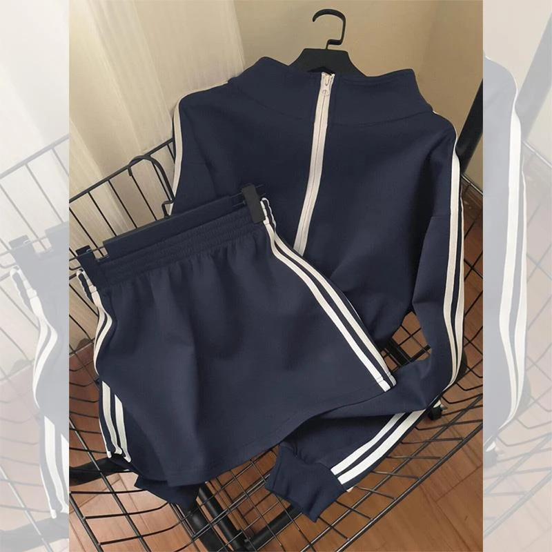 时尚百搭款软糯2025早秋女外搭氛围感潮潮深蓝色卫衣套装半身裙