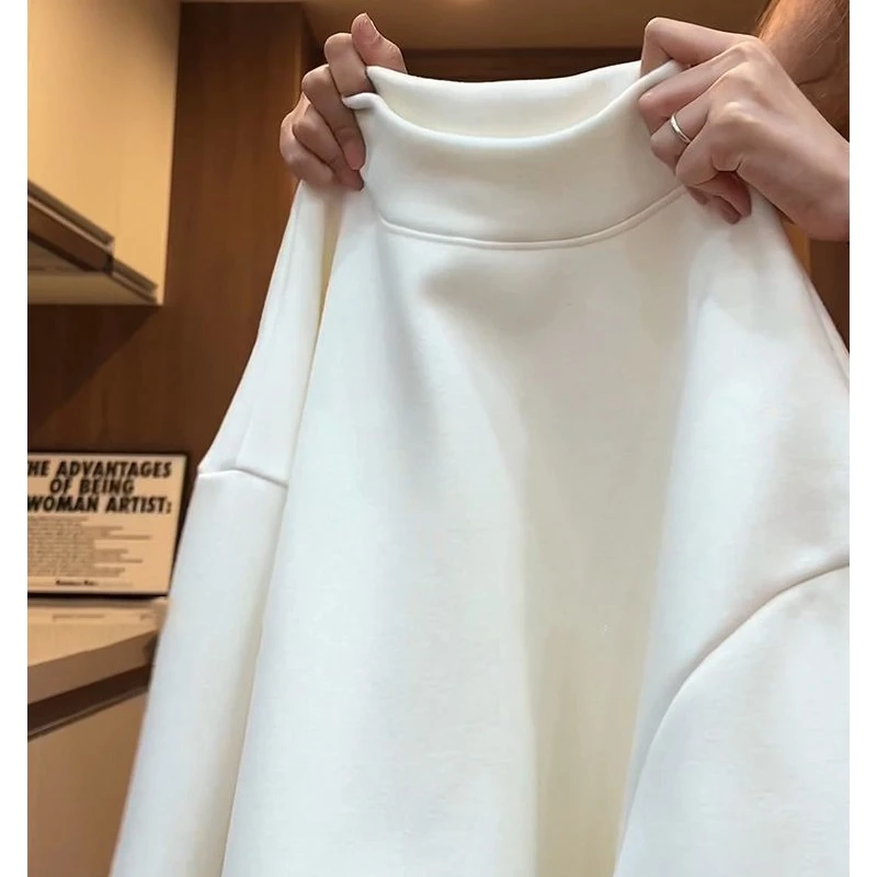 新款加绒加厚双面德绒中高领打底衫男款美式重磅白色内搭长袖t恤