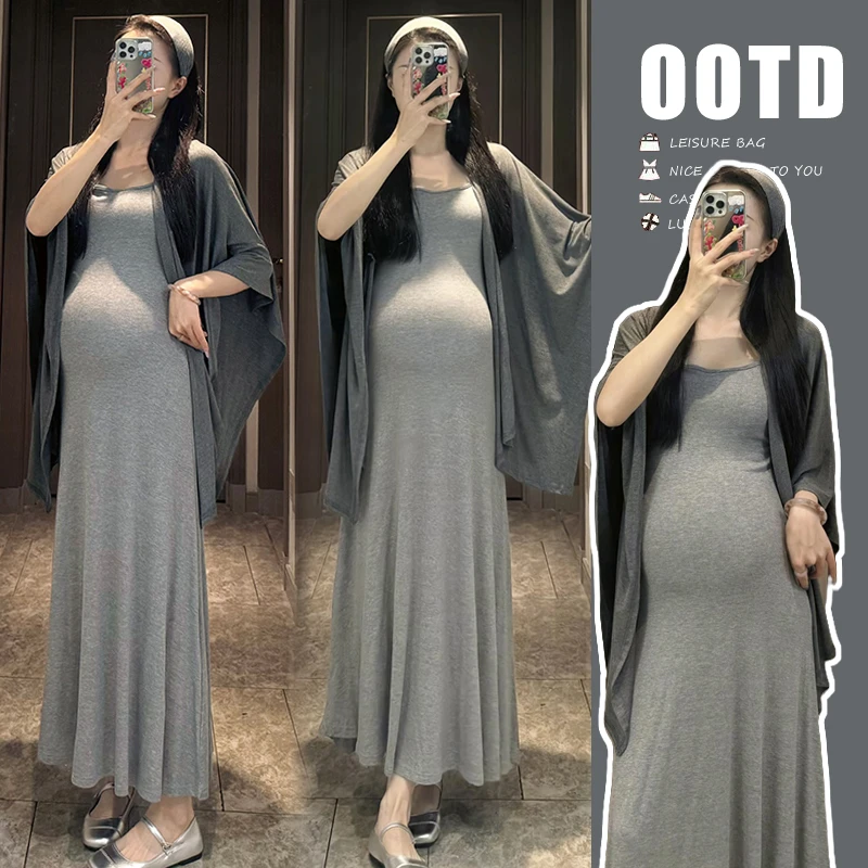 孕妇裙2025夏季新潮款法式松弛感显瘦吊带连衣裙百搭防晒披肩套装