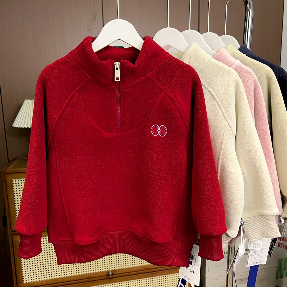 男童秋冬祥云刺绣开领双面绒卫衣中大童儿童拼接上衣26257