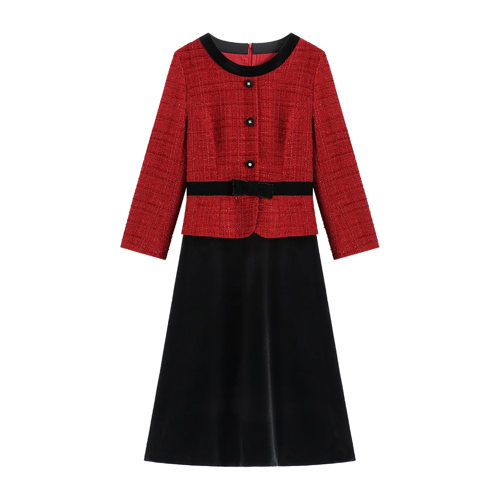 【深圳畅姐】秋冬新款小香风丝绒拼接名媛显瘦气质裙子连衣裙