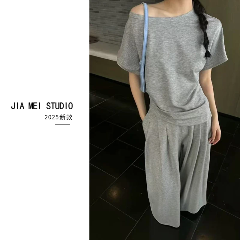 C034慵懒风斜领露肩短袖T恤上衣+休闲卫裤两件套装春夏显瘦小个子