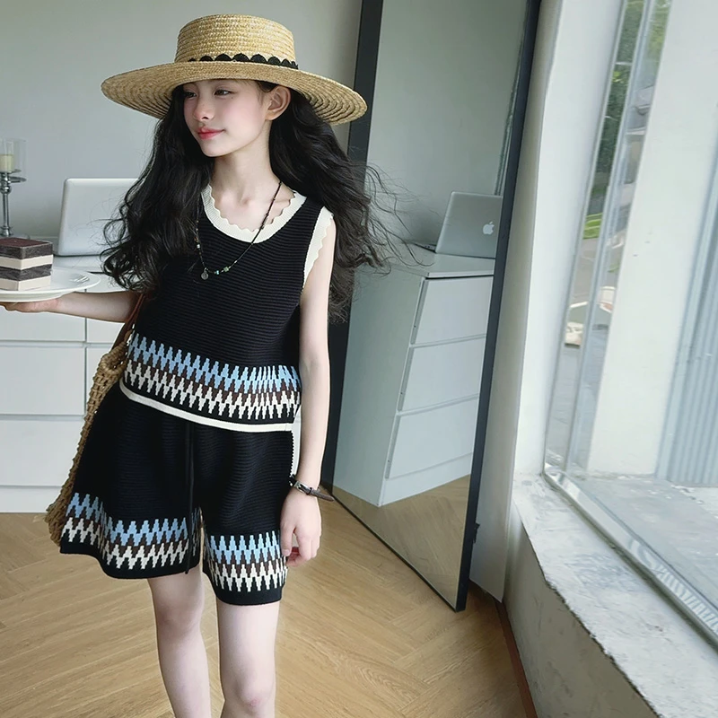 女童短裤套装儿童夏季2025新款中大童冰丝彩虹撞色提花背心两件套