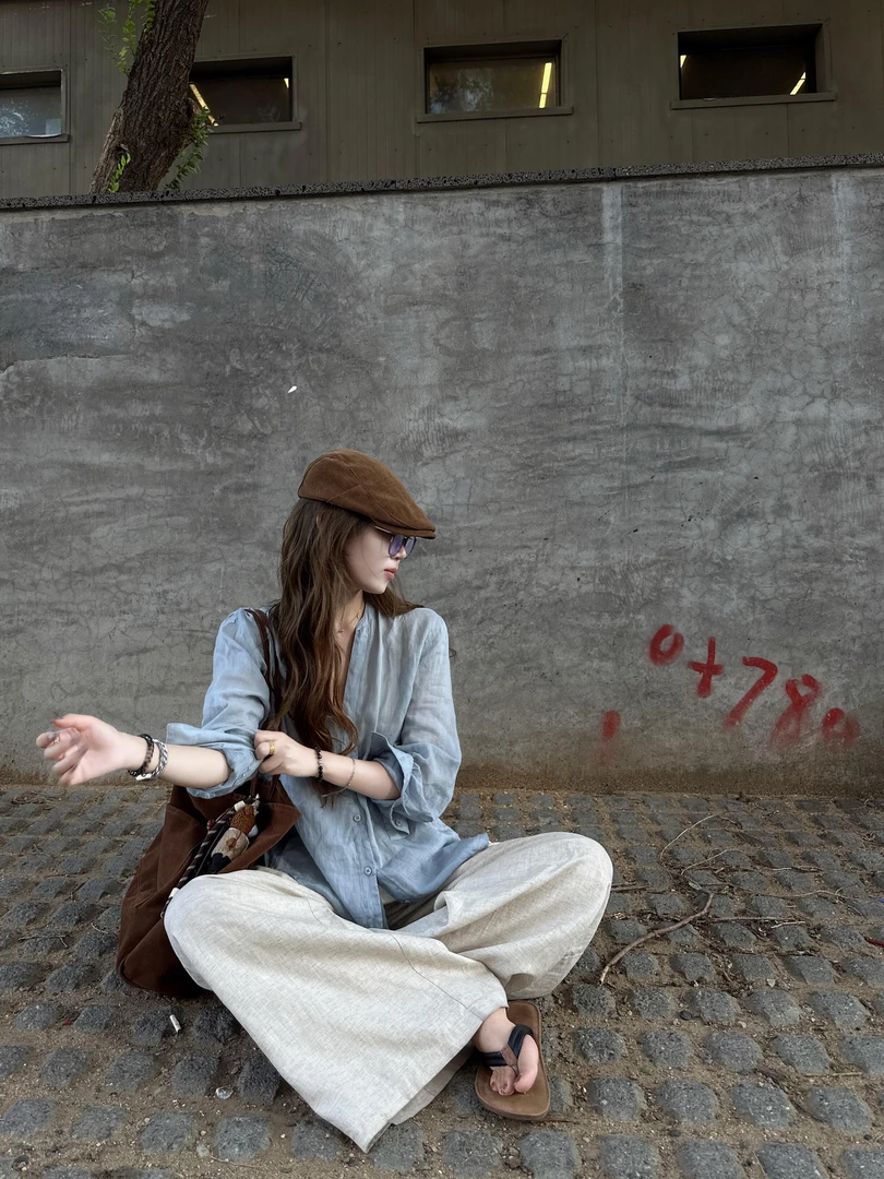 2025夏季新款夏日穿搭松弛感清纯系蓝色防晒衫阔腿裤休闲两件套装