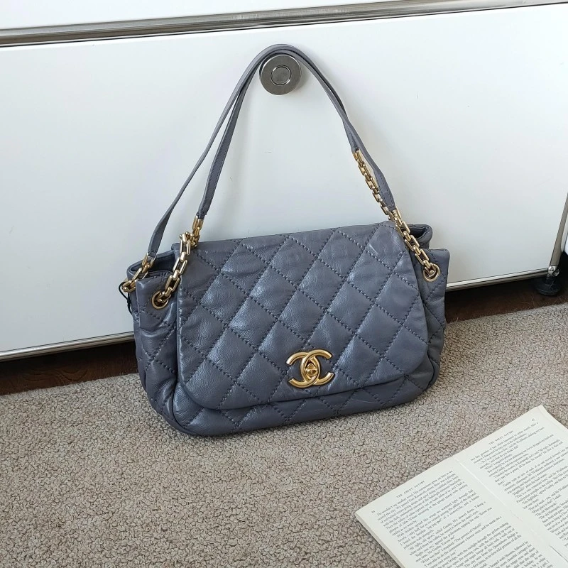 95新 Chanel/香奈儿 Azul - 灰色荔枝皮双C腋下包 53853