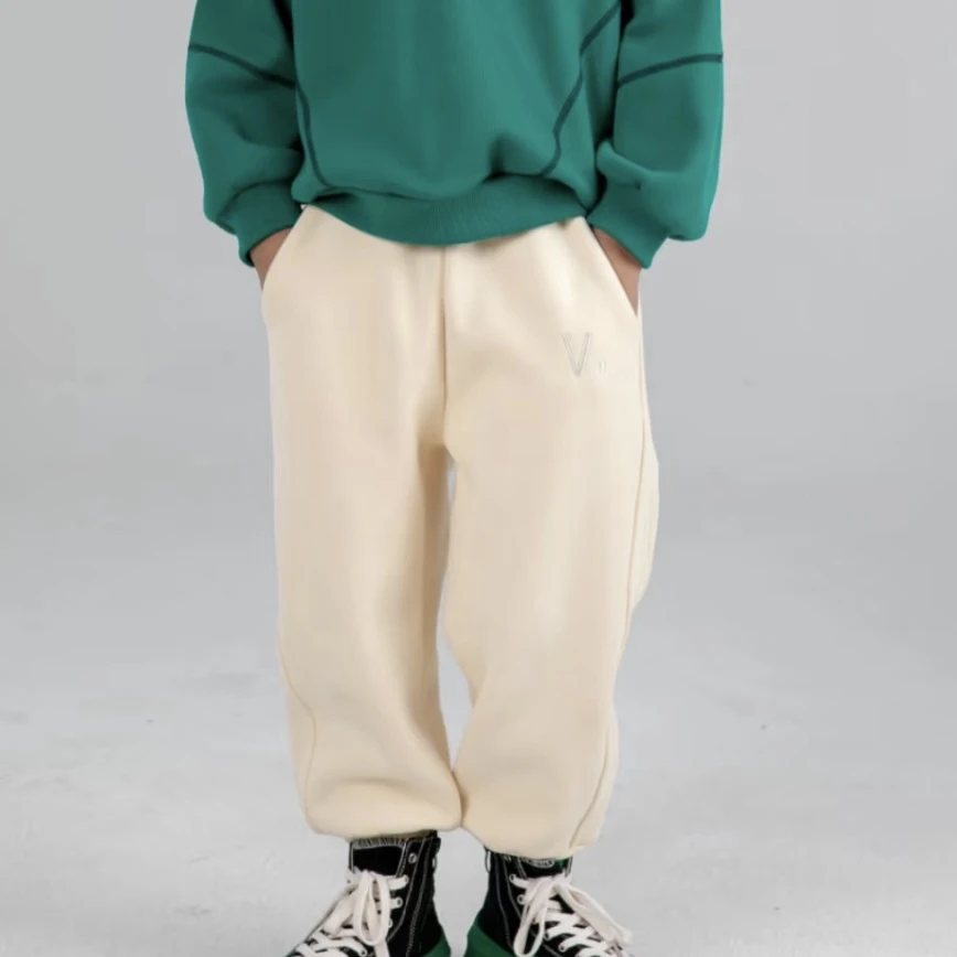 【编号Q346】241381430-12-儿童 绣字母休闲裤米白色-VOOTOO