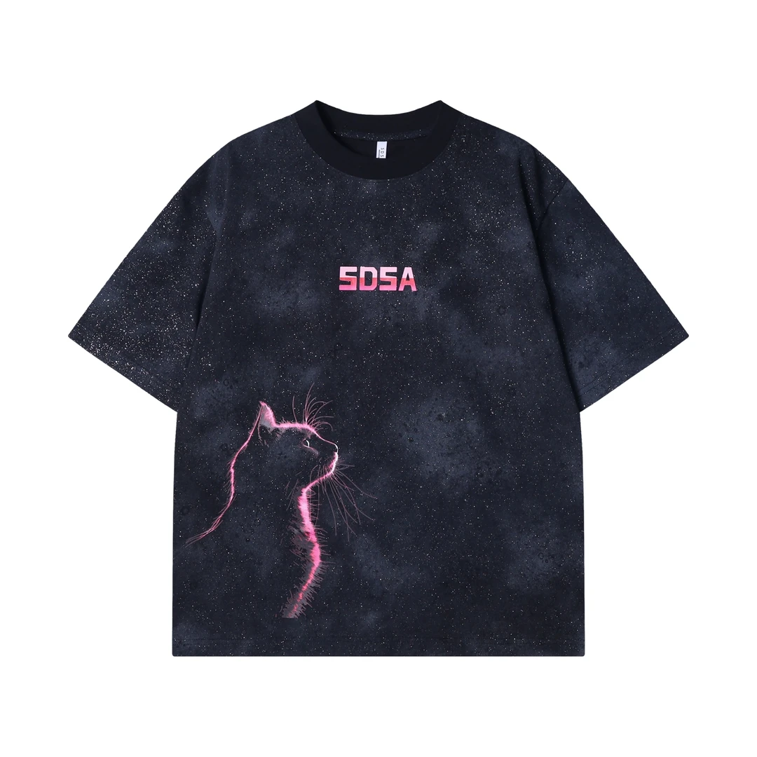 夏季高级感新款扎染满天星小猫印花字母圆领短袖T恤休闲百搭情侣