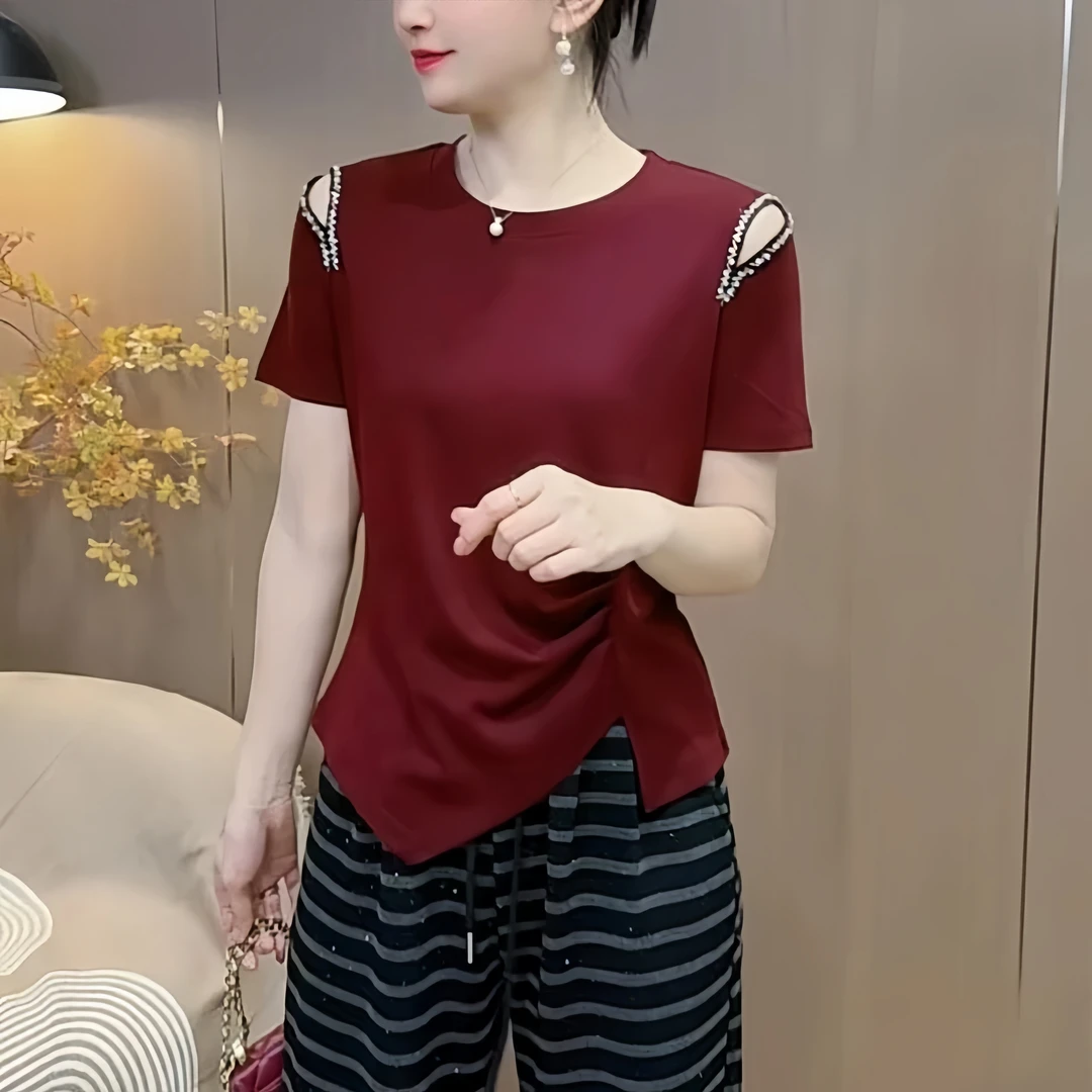 【熙小范】428大码女装常规款短袖时尚钉珠镂空失序混搭风T恤杂志
