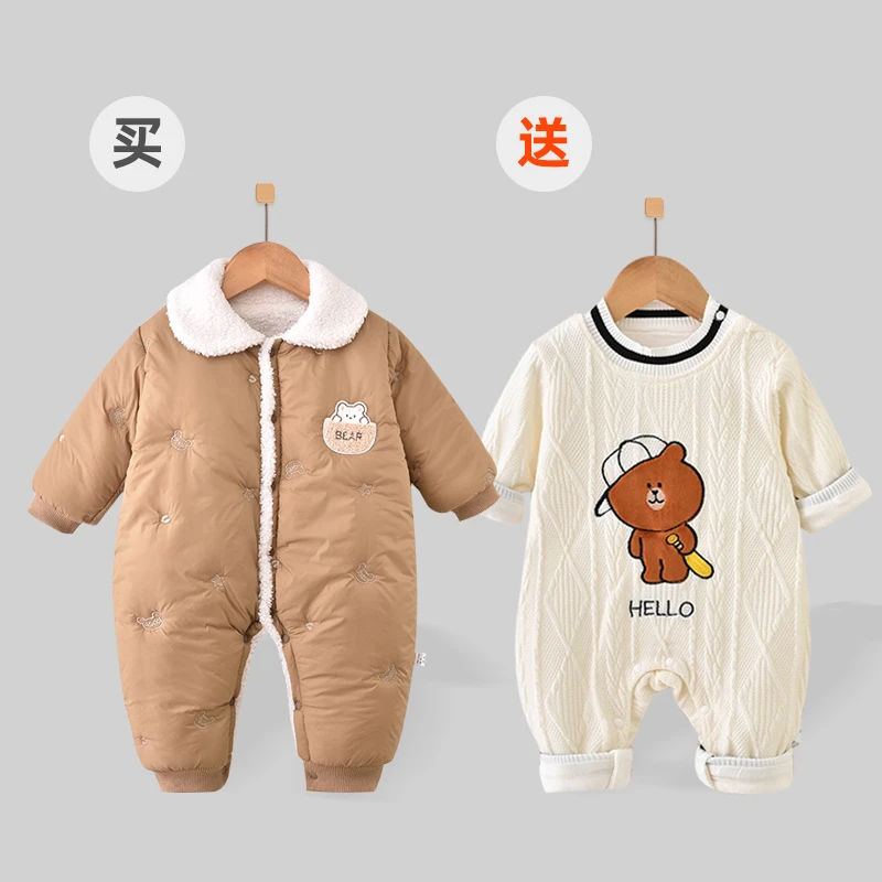 【买一送一】新生儿秋季加绒连体衣男女宝宝冬季薄棉哈衣卡通外出