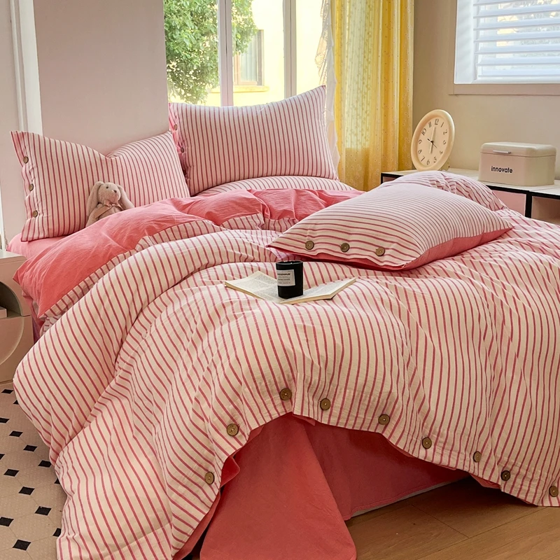 新款全棉色织水洗棉纽扣款四件套学生三件套全棉纯棉三件套可机洗