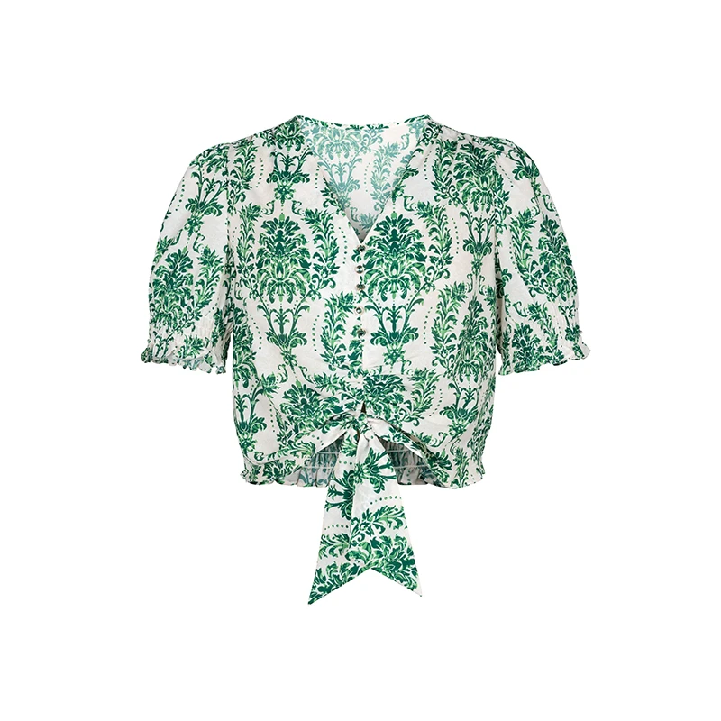 设计师女装2025夏季新款衬衫休闲V领碎花气质简约短款衬衫42734