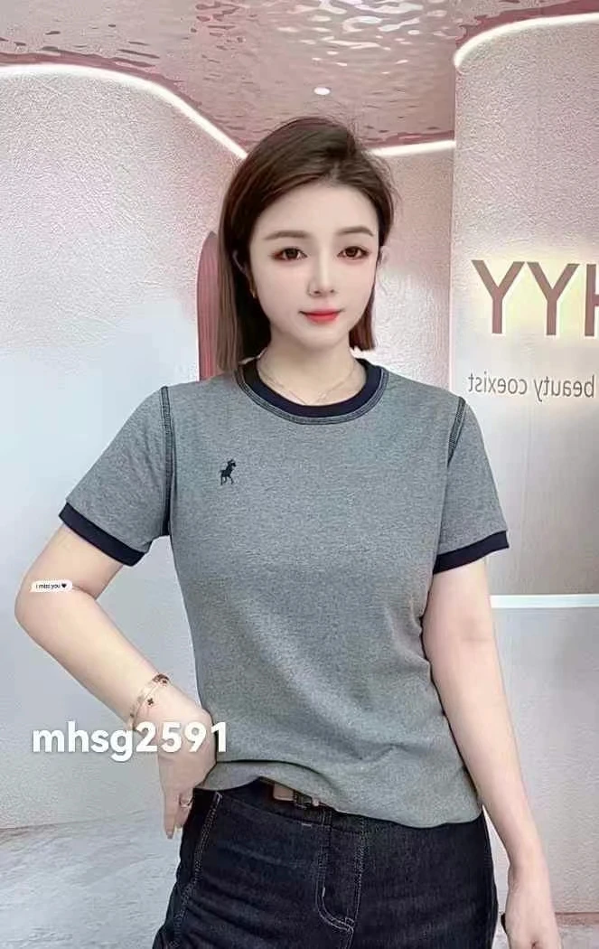 1813撞色拼接小马刺绣明线设计圆领短袖洋气时尚休闲上衣2025夏季