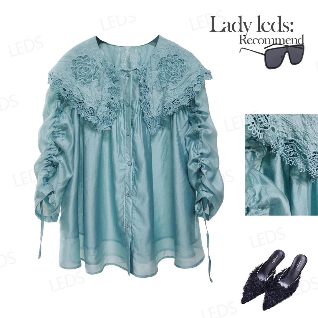 LEDS  7958春季首发*春夏设计师款娃娃领显瘦蓝色衬衫