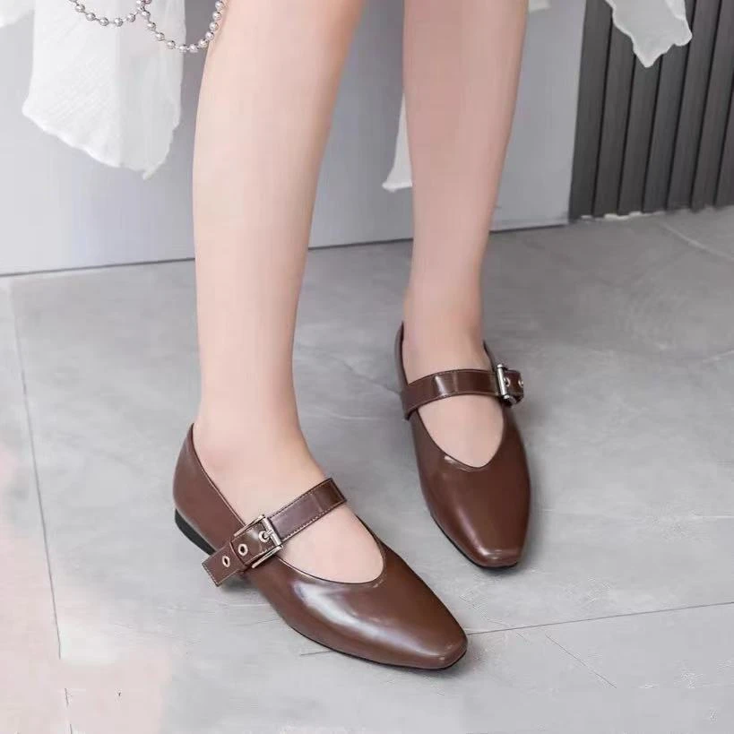 C1735 棕色 高级时尚方头舒适平跟玛丽珍真皮浅口女单鞋