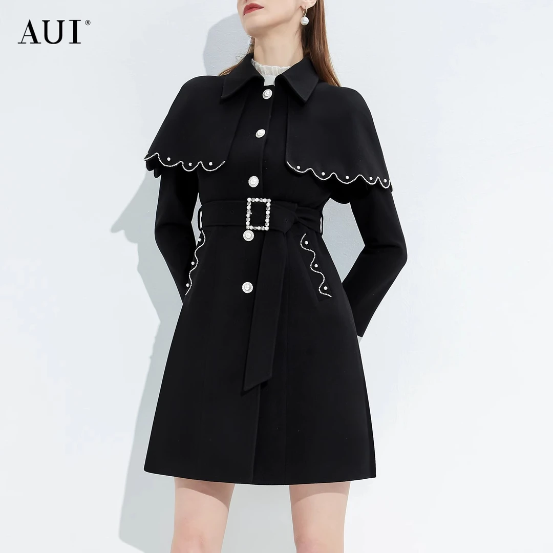 【高高甄选】AUI黑色气质斗篷披肩毛呢外套中长呢子大衣-21L099525