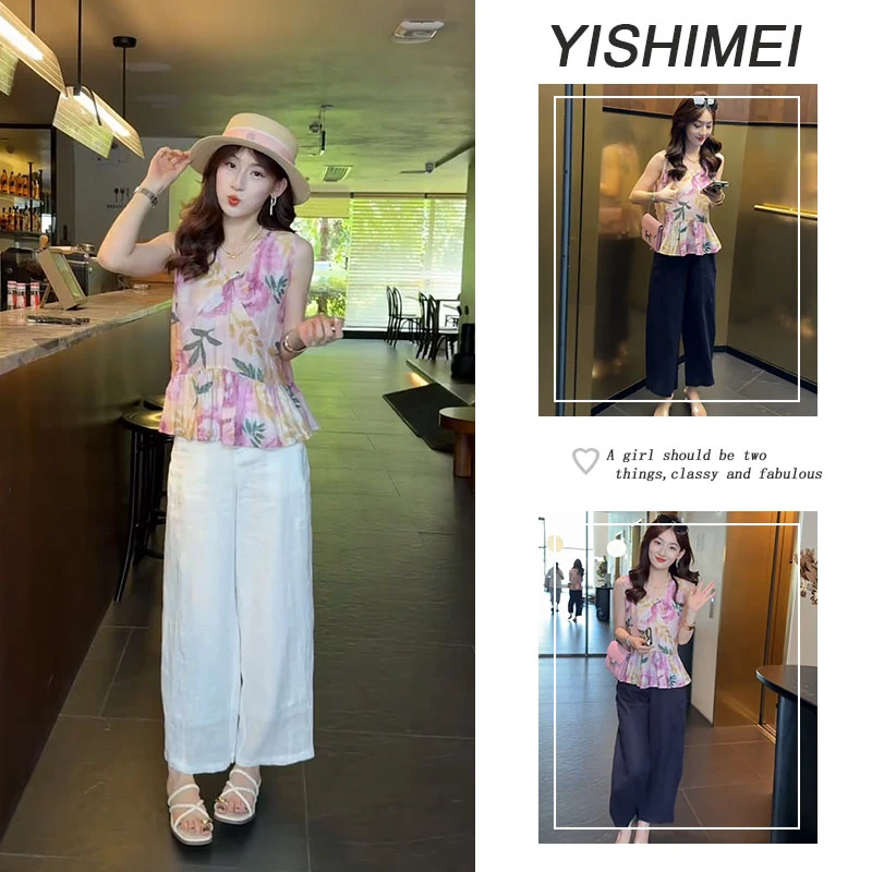 夏季温柔穿搭2025新款韩系复古V领无袖上衣休闲九分直筒裤套装