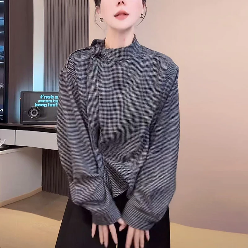 2025秋季格子复古衬衫女新款高级感洋气减龄宽松显瘦飘带立领上衣
