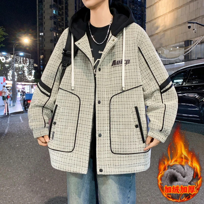 青少年加绒加厚男士外套冬季百搭潮流学院风宽松学生连帽保暖夹克