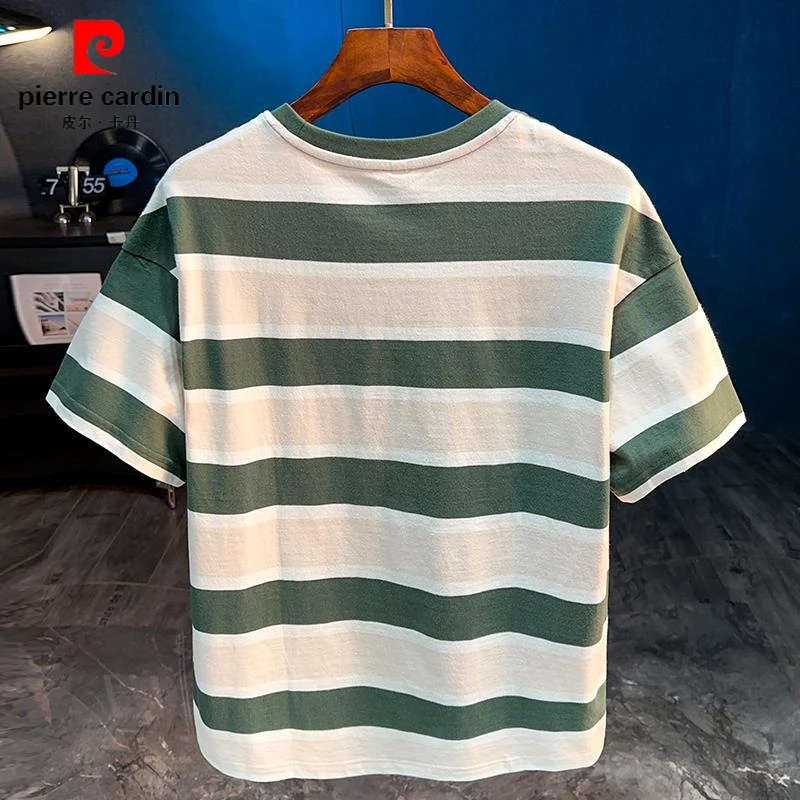 皮尔卡丹夏季男士短袖T恤潮欧若风百搭休闲纯棉半袖撞色条纹短袖