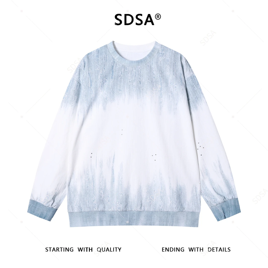 SDSA男士秋冬新款痞帅男装韩版渐变磨破圆领卫衣时尚休闲套头上衣