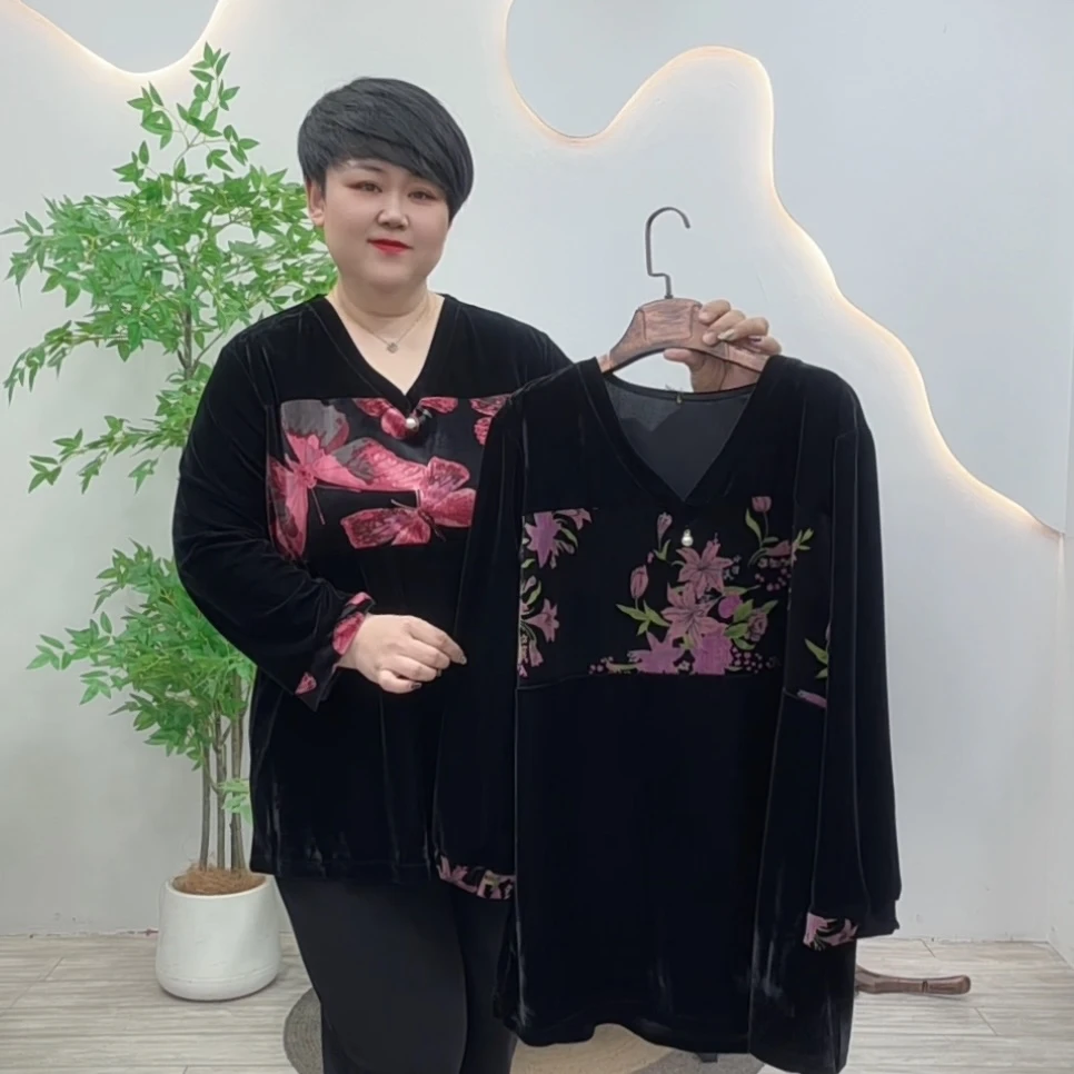 大码女装906春季新款妈妈装加肥加大时尚洋气国风拼接丝绒大版衫