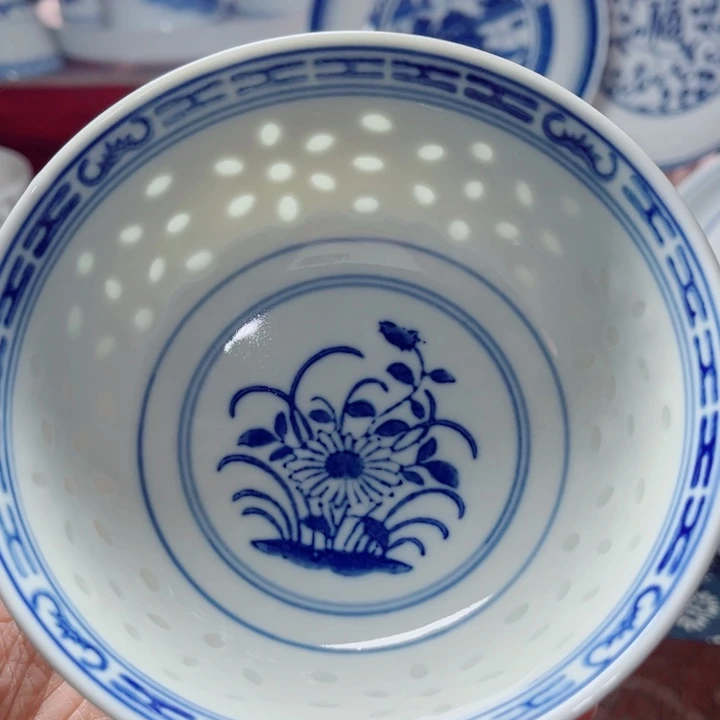青花玲珑5寸小饭碗兰花玩玉底款